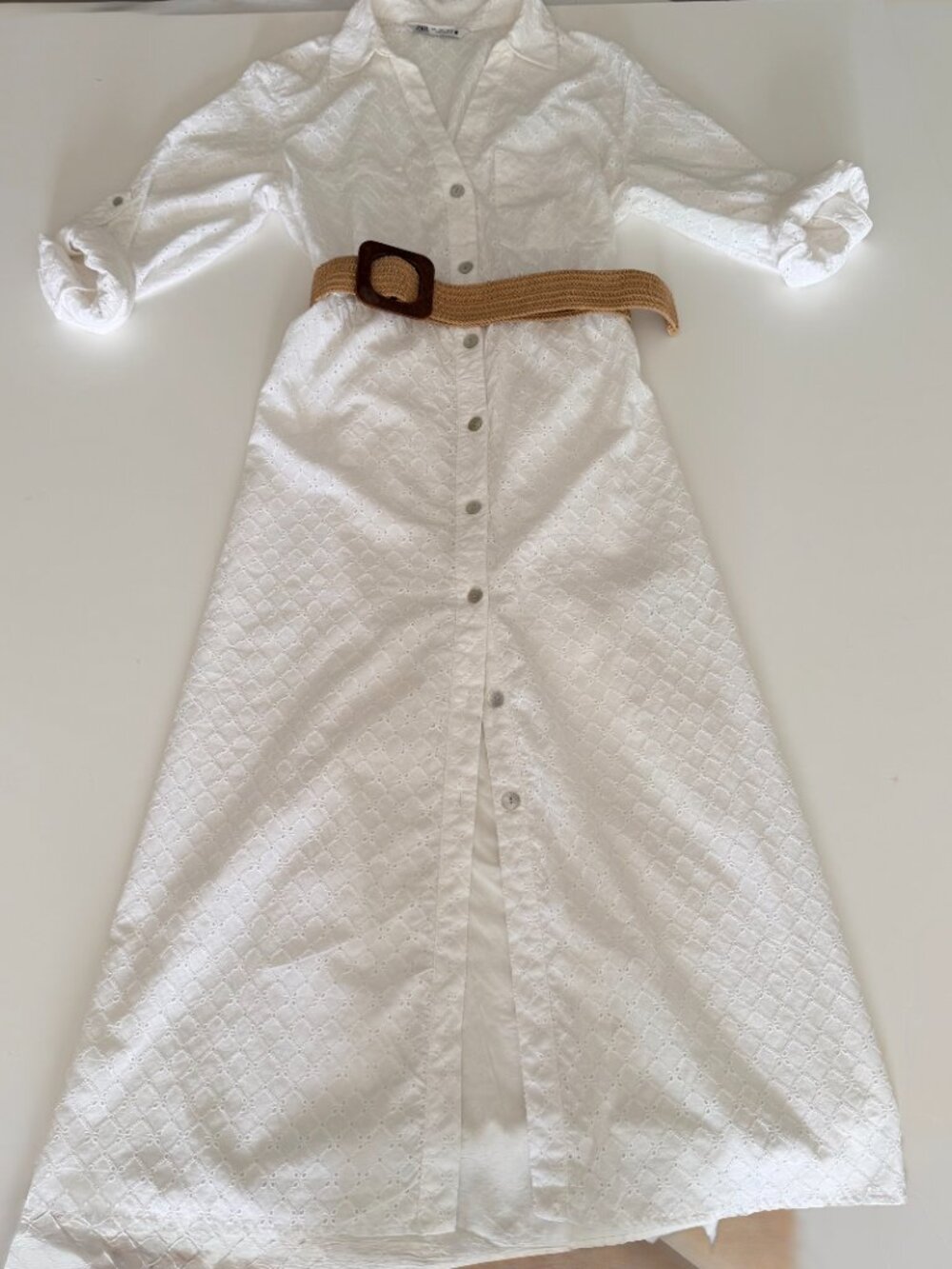 ZARA White Lined Eyelet Belted Button Up Midi Dress Roll Tab Sleeve Sz Lg - Picture 5 of 10